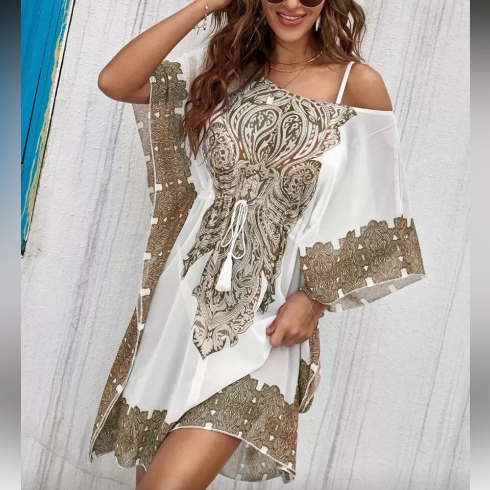 Boho brown and white floral paisley print tassel kimono